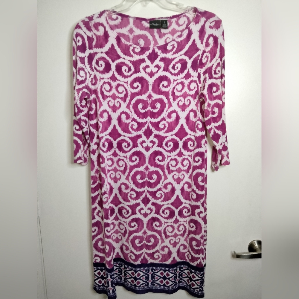 Chico's Travelers (Size 1/M/8) Multicolor Pink & White Pattern Half Sleeve Dress